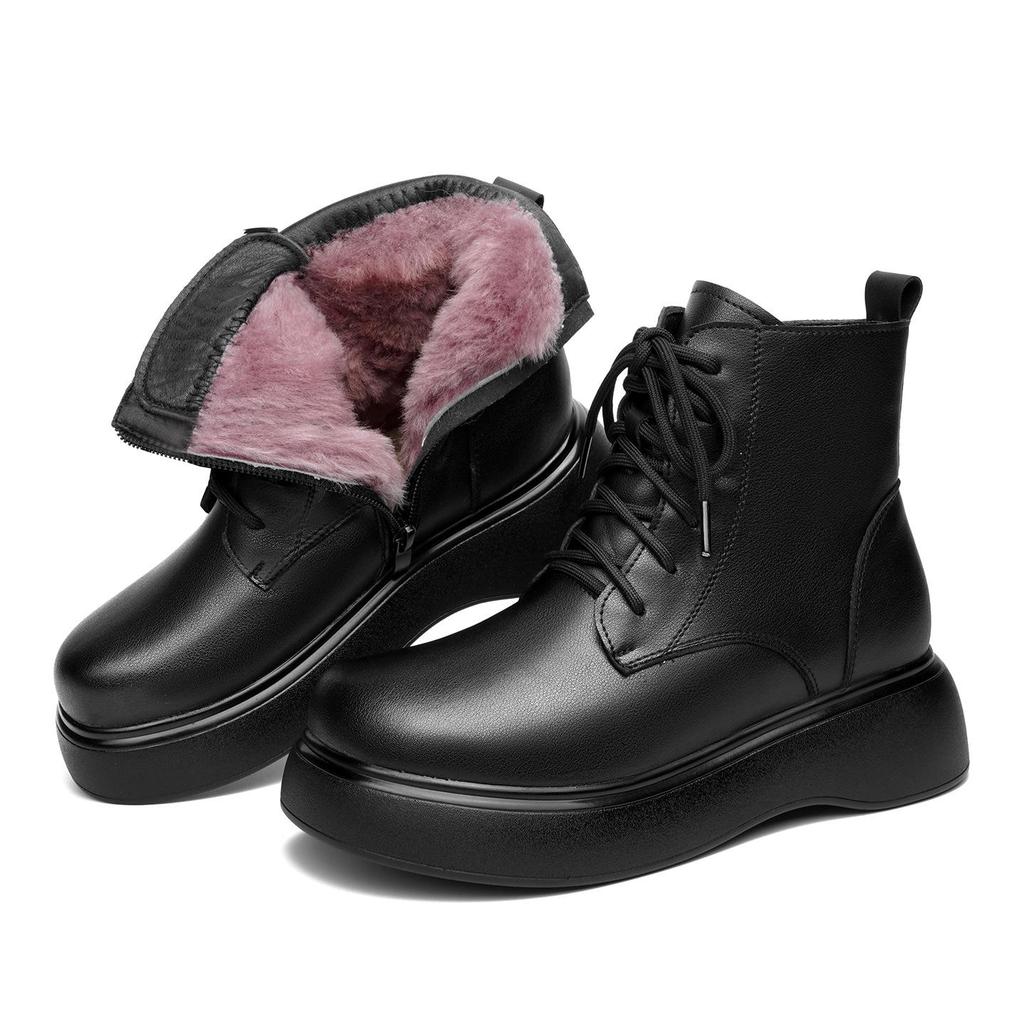 2025 H/W Damen Britischer Stil Echtleder Martin Stiefeletten mit dicken Sohlen, Retro-Fleece-Futter und Woll-Zehenschutz für Schnee