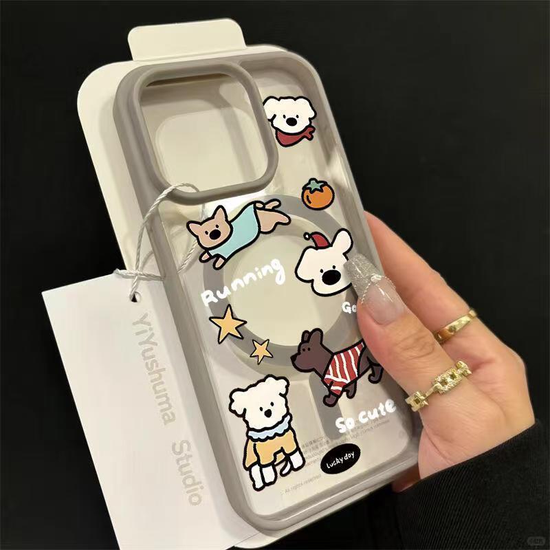 Black Frame Magnetic Suction Acrylic Cartoon Dog Clothing for Apple 17 Pro, 13 Pro Max, and 14