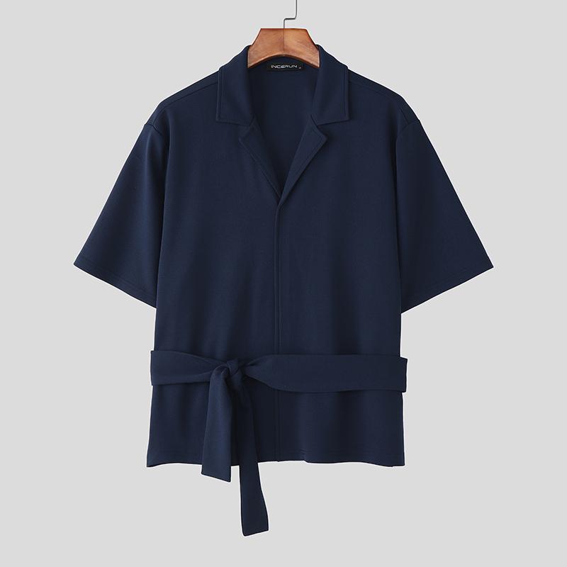 INCERUN Men Casual O Neck Short Sleeve Front Cross Lace-up T-Shirts Tops