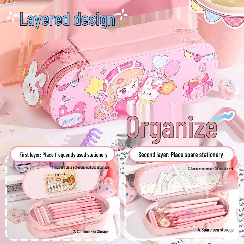 Large Double-Layer Cartoon Pencil Case - Cute Multi-Layer Stationery Box for Primary School Students
