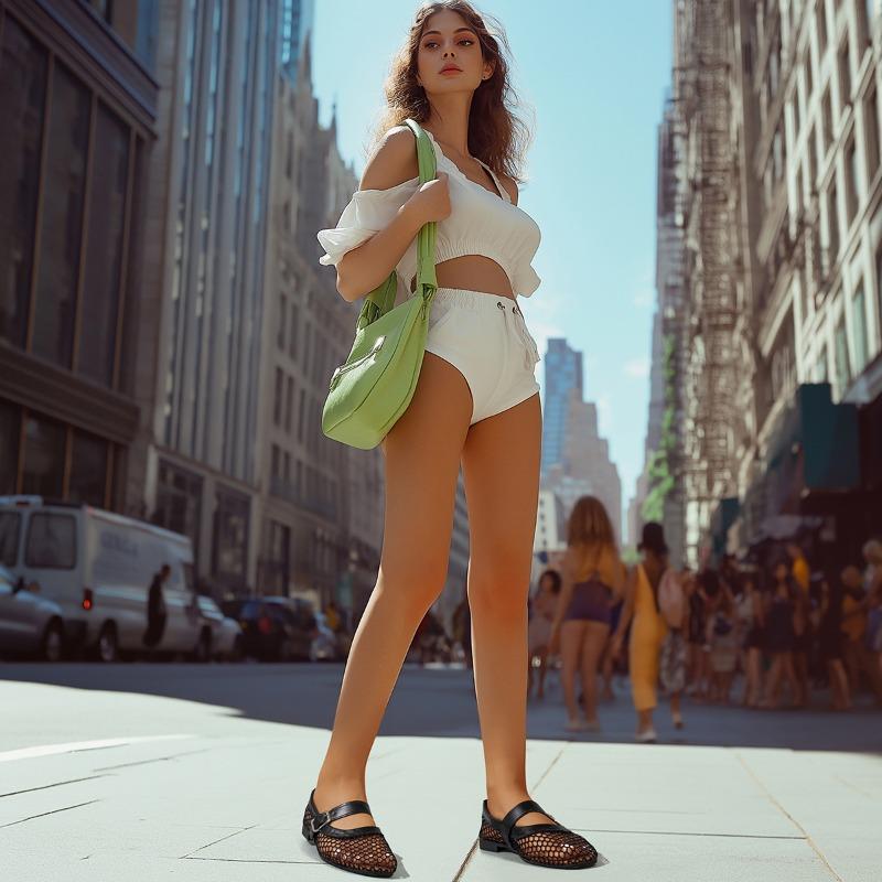 New Large Size Round Head Niche Design Fish Grid Hollow Ballet Shoes Women's Fashion Flat Bottom Belt Buckle