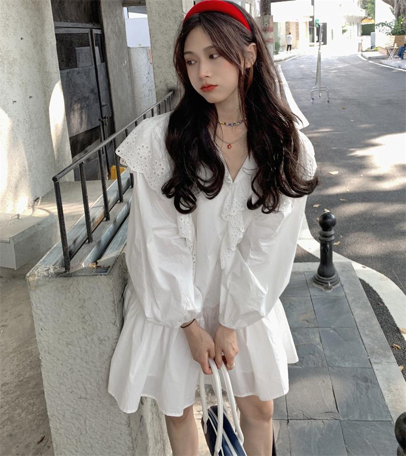 (inner lining + original fabric) white doll skirt women's hollow lace loose skirt autumn dress French dress