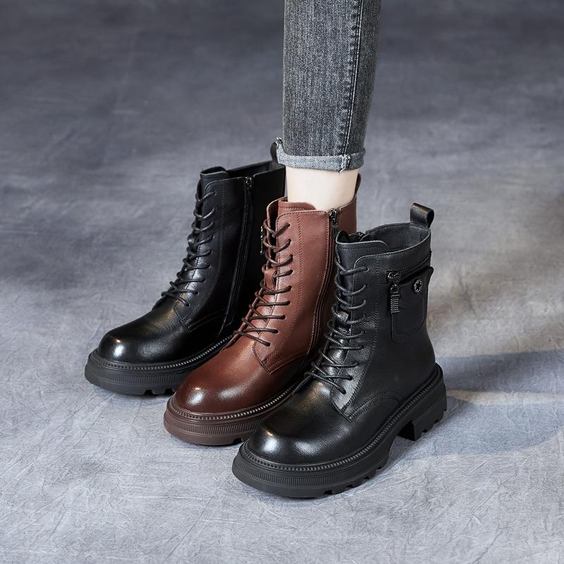 The first layer of cowhide Martin boots for women's 2025 autumn and winter new retro leather velvet medium tube British style women's boots for women