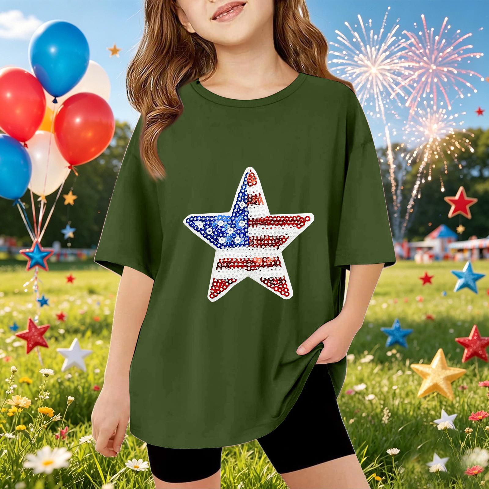 Kids Short Sleeve T Shirt with Star Pattern Sequins Front Casual Loose Fit Top for Summer Everyday Wear 150