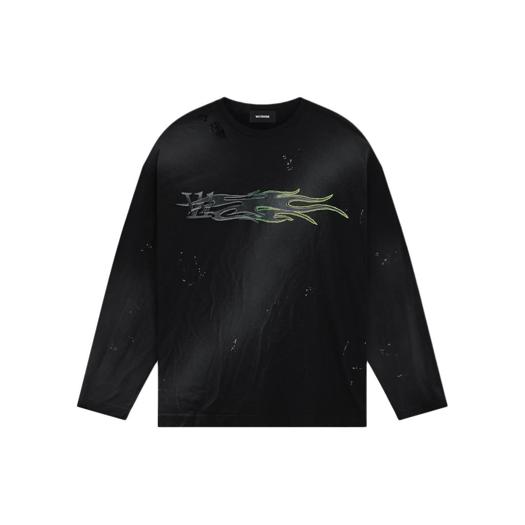 We11done Ss24 Metallic Color Printed Wash Round Neck Drop Shoulder Long Sleeve T-Shirt Unisex T-Shirt Black WD-TT0-24-752-U-BK