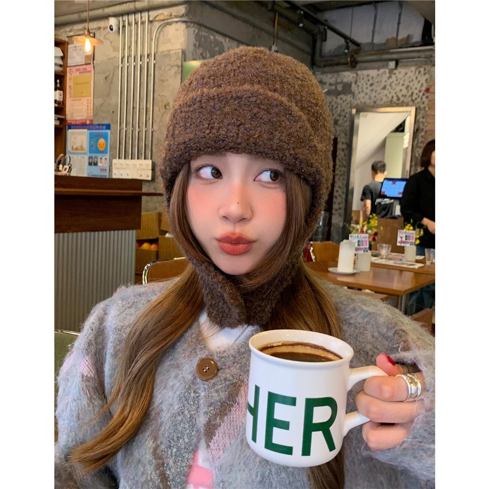 Knitted Looped Wool Cute Flying Hat for Women Winter White Ear Protection Warm Wool Lei Feng Hat