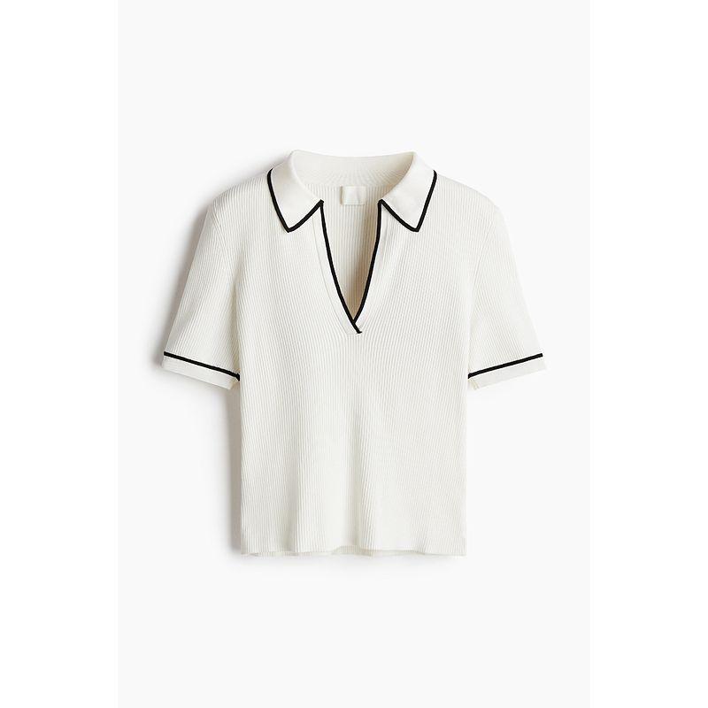 

HM Женская одежда 2025 Лето Новая Рубчик Трикотажная Футболка-поло 1269301 White 155/76