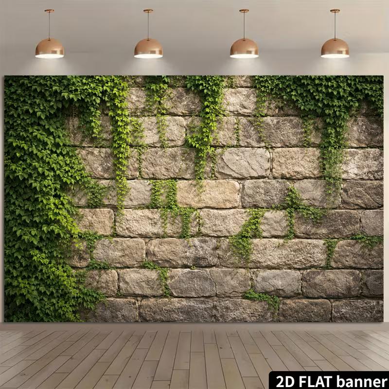 2D Stone Wall Green Ivy Vines Photography Backdrop Vintage Brick Leaf Background Banner