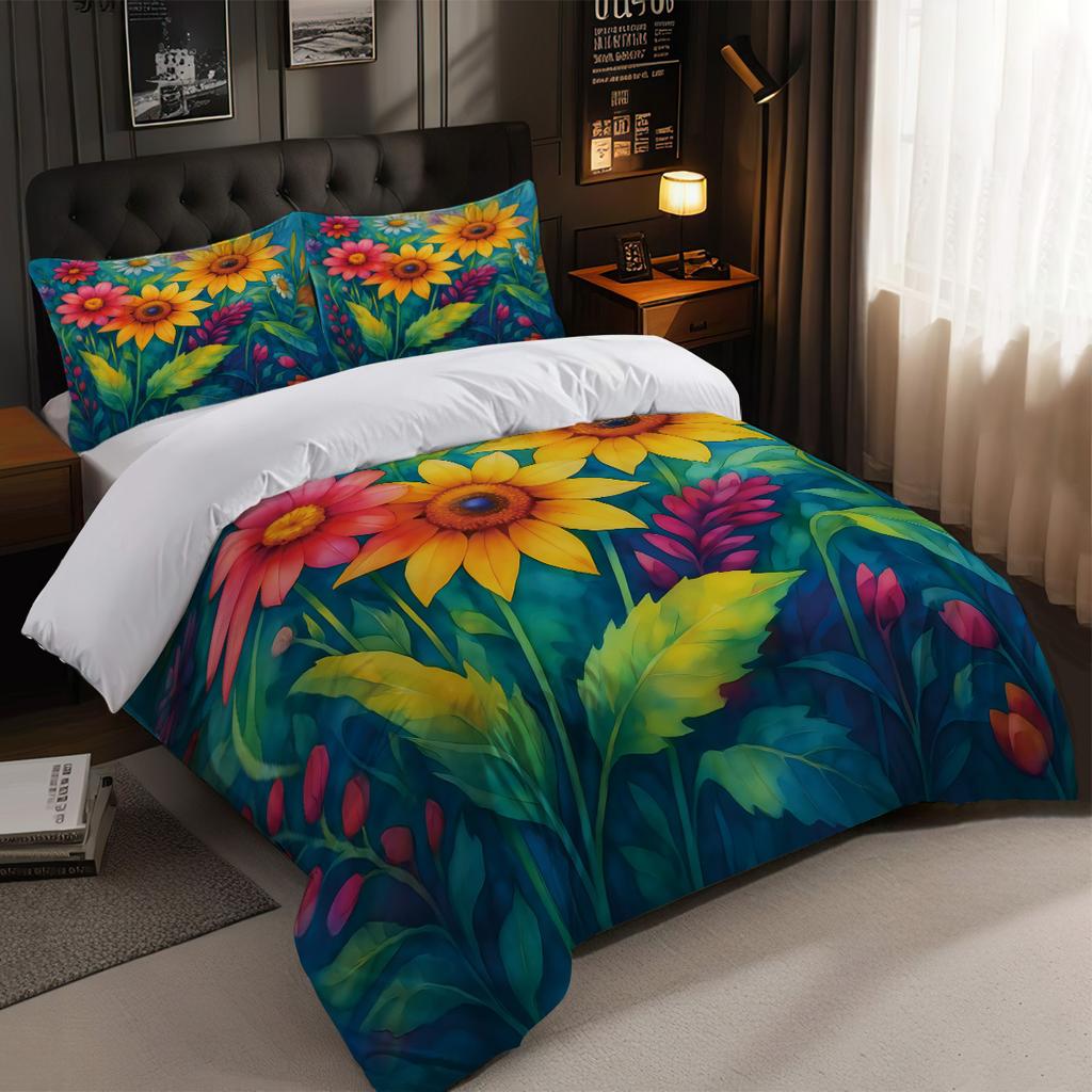 Dreiteilige Sonnenblumen-Bettwäsche mit Sandfinish, Blumendeckenbezug, Digitaldruck-Bettwäscheset