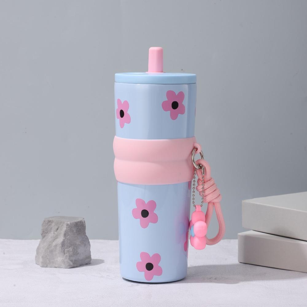 

Fashion Vacuum Thermos Cup Star Flower Print Coffee Mug Convenient Insulation Cup Hot Cold Drinks синий