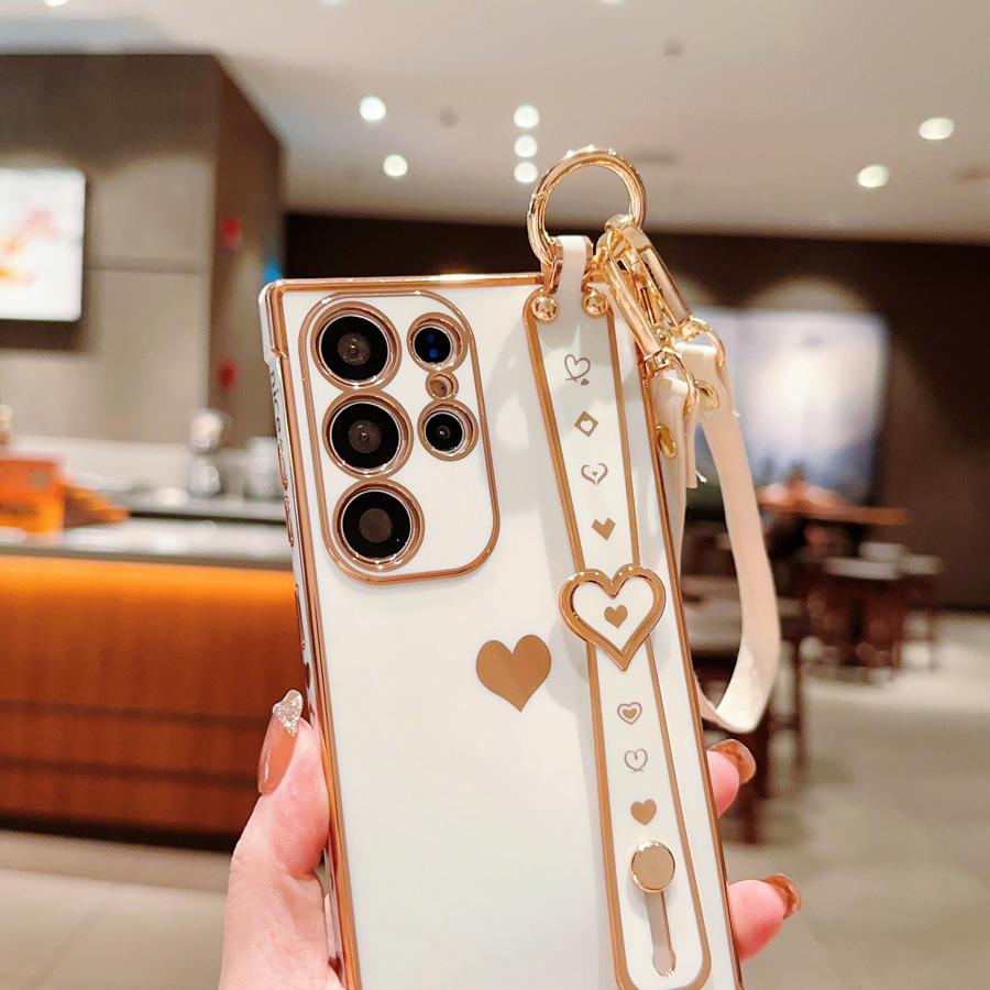 Plating Heart Wristband Case For Samsung Galaxy S23 S22 Ultra S21 Plus S21FE A23 A24 A13 A12 A13 A52 A53 A54 Shockproof Silicone Soft Cover For iPhone