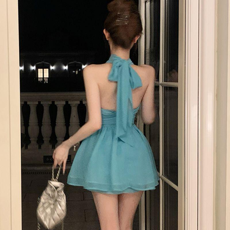 Vestido Azul Halter sin Espalda Mujer Moda Verano Sin Mangas Dulce Corto Elegante Vestido de Hada