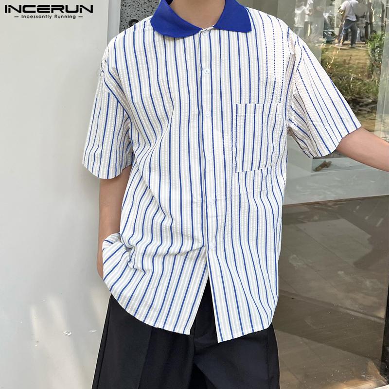 INCERUN Men Short Sleeve Shirts Lapel Stitching Striped Loose Shirts
