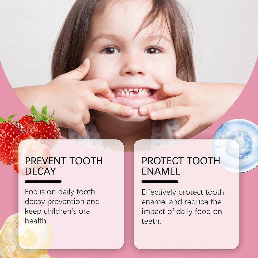Children's toothpaste: cleans teeth, prevents cavities, gently removes plaque, freshens teeth, and has a fruity flavor.