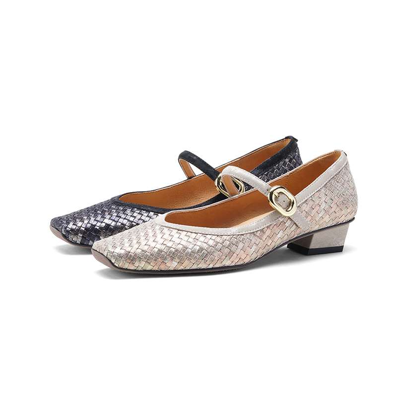 Krazing Pot Cow Skin Summer Spring Autumn Low Heels Women Square Toe Mary Janes Metal Buckle Shallow Pumps