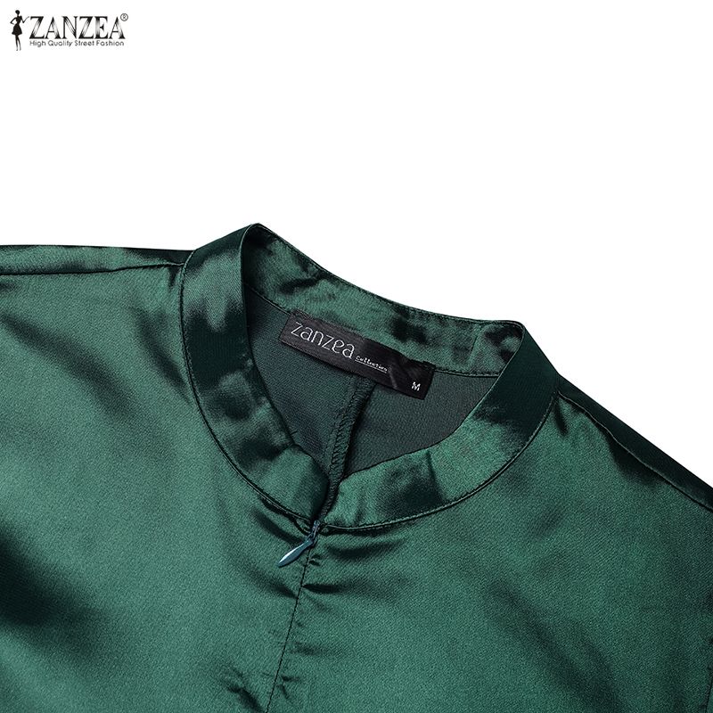 ZANZEA Women Casual Stand Collar Loose Long Sleeve Satin Dress