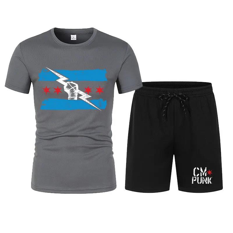 Herren Schwarz Return of CM Punk T-Shirt Shorts Set Sommer Kurzarm Mann Übergroße Anzüge 2024 Neue Mode Bekleidungssets