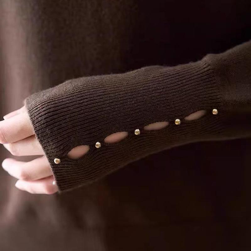 French Sweater Women's Half Turtleneck Beaded Knitted Sweater Women's Autumn and Winter Ruffle Fringed Long-sleeved Pullover