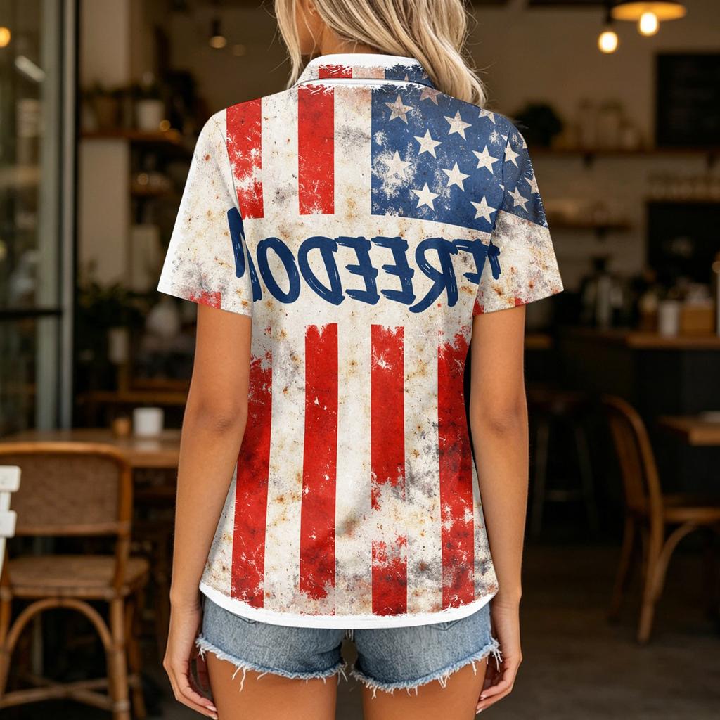 Women Casual Polo Shirt Loose Fit Short Sleeve Top American Flag Print Button Collar Summer Tee