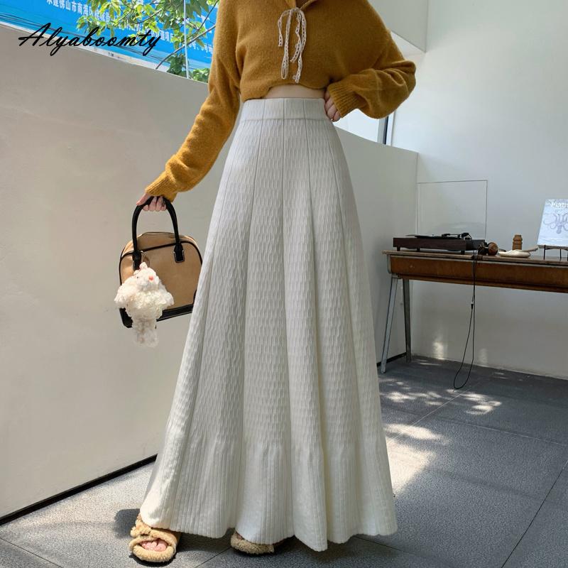 Elegant Fashion Autumn Winter Women Maxi Long Ruffles Skirt High Waist Beige Black Gray Knitted Skirt Knitted Sweet Princess Warm Skirt