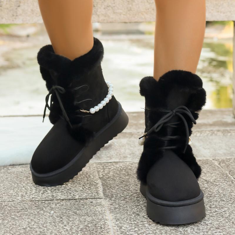 Non Slip Thick Bottom Furry Snow Boots Women 2025 Winter Pearl Bead Fluffy Fur Ankle Boots with Platform Warm Plush Suede Shoes