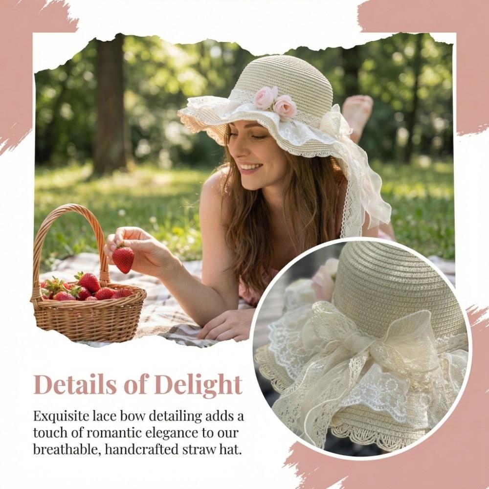 Fashion Lace Bow Sun Hat Adjustable Lace Ruffle Wide Brim Hat Breathable Straw Fisherman Cap Sun Protection