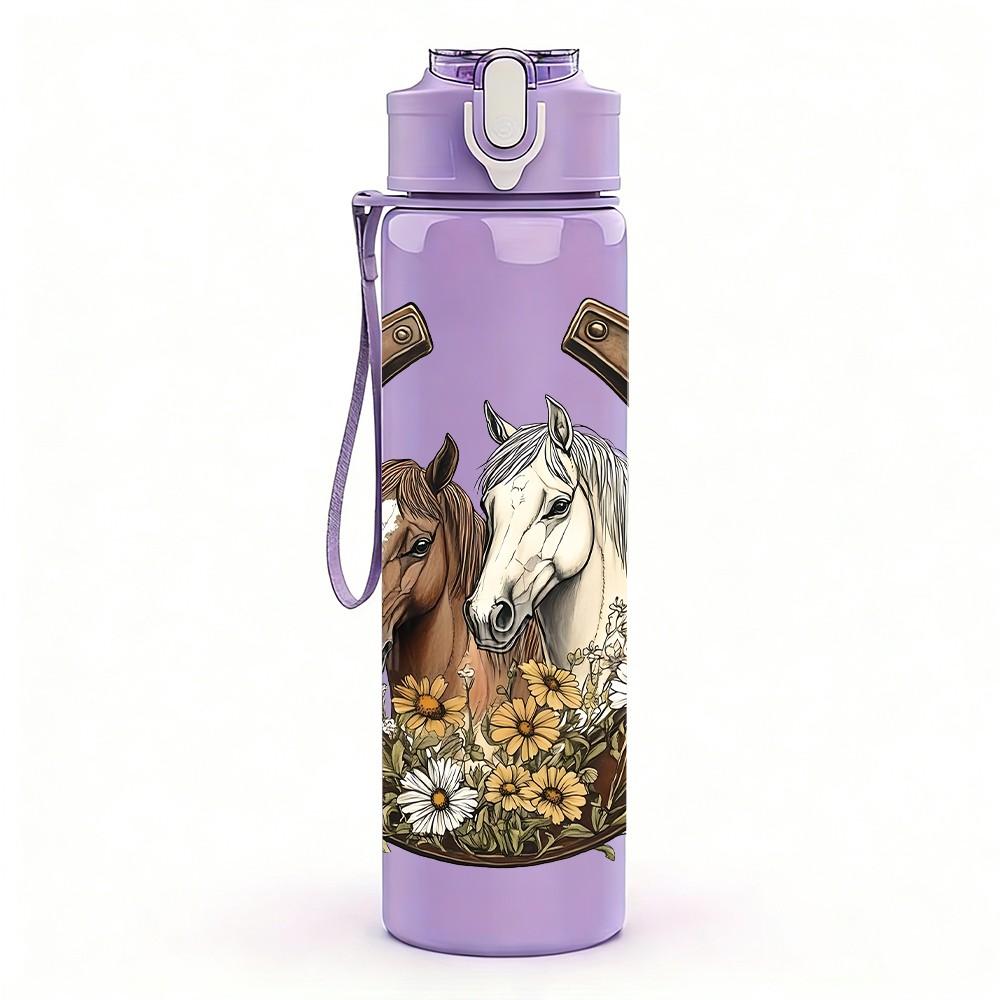 1PC Western Horse Horseshoe Pattern 750ml Color Plastic Sports Water Bottle Leakproof Flip Straw Lid Suitable for Sports Office Home Use