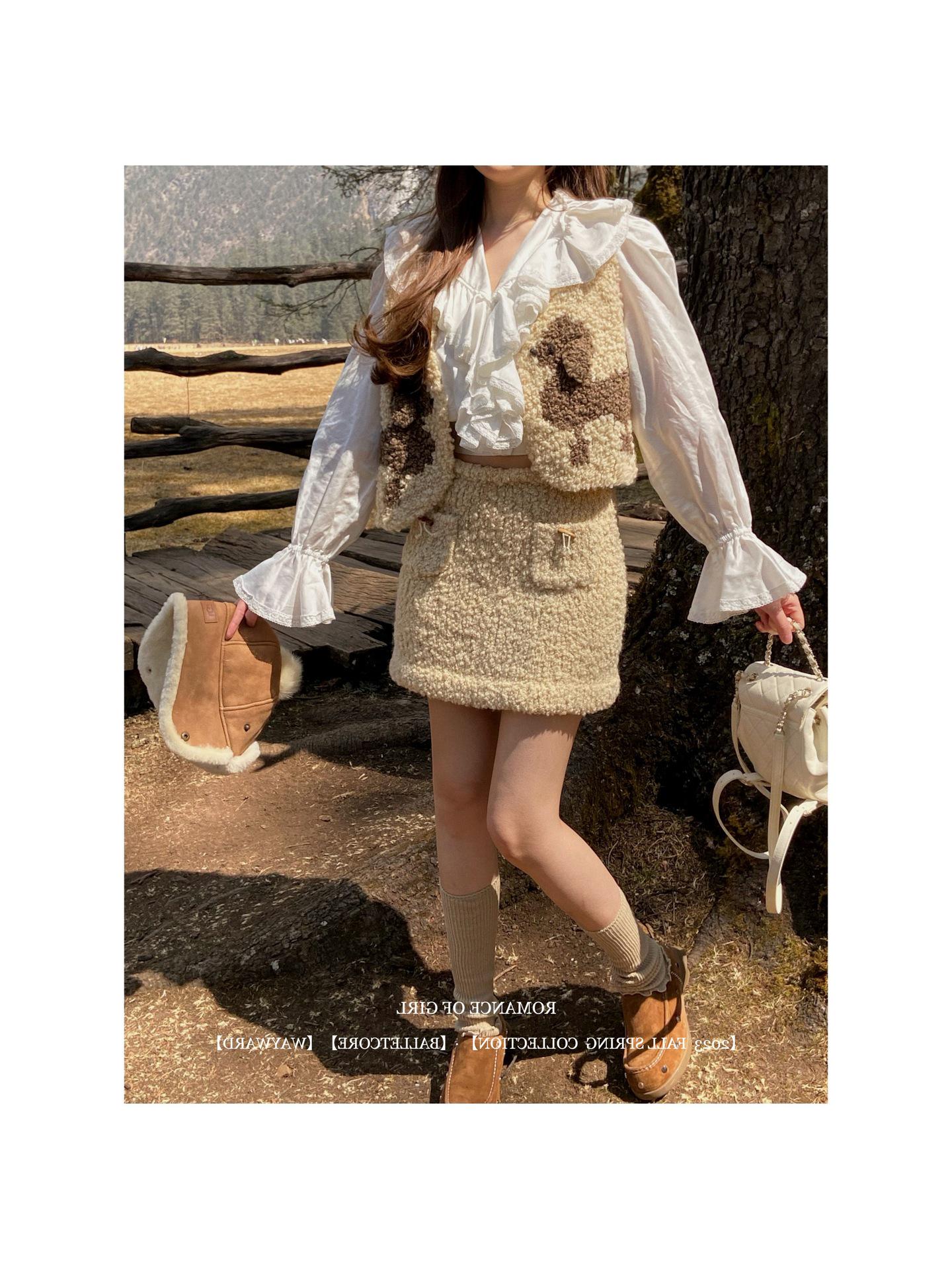 RomanceOfGirl Handmade Crochet Puppy Lace Vest & Skirt Set L