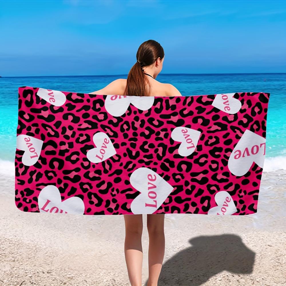 Pink Leopard Love Heart Beach Towel Printed Quick Dry Sand Free Towel for Beach Pool Swimming Travel Soft Absorbent Towel Gift