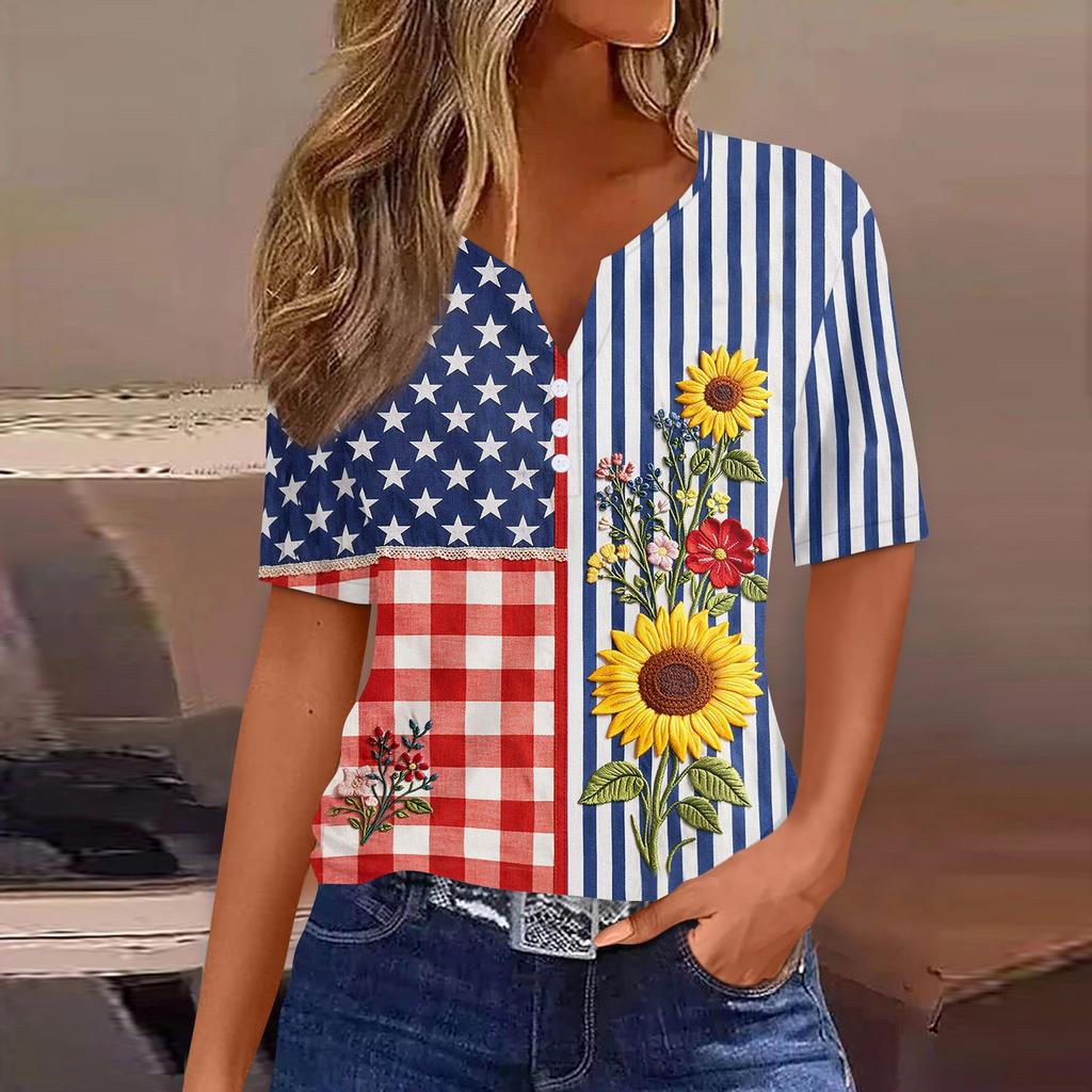Women's Fashion Casual Independence Day Print V-Neck Short Sleeve Button-Up T-Shirt Top