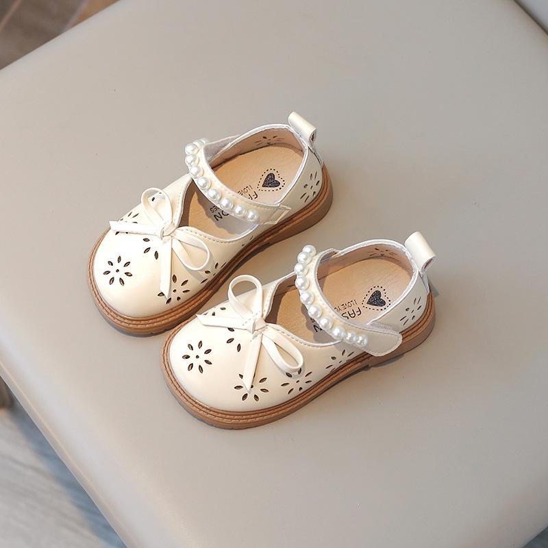 New Girls Princess Leather Shoes Sweet Bowtie Children Causal Mary Jane Shoes Fashion Kids Pearl Cut-outs Flat Shoes Breathable