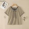 ZANZEA Women Plaid Print Summer Casual Round Neck Short Sleeve Blouse