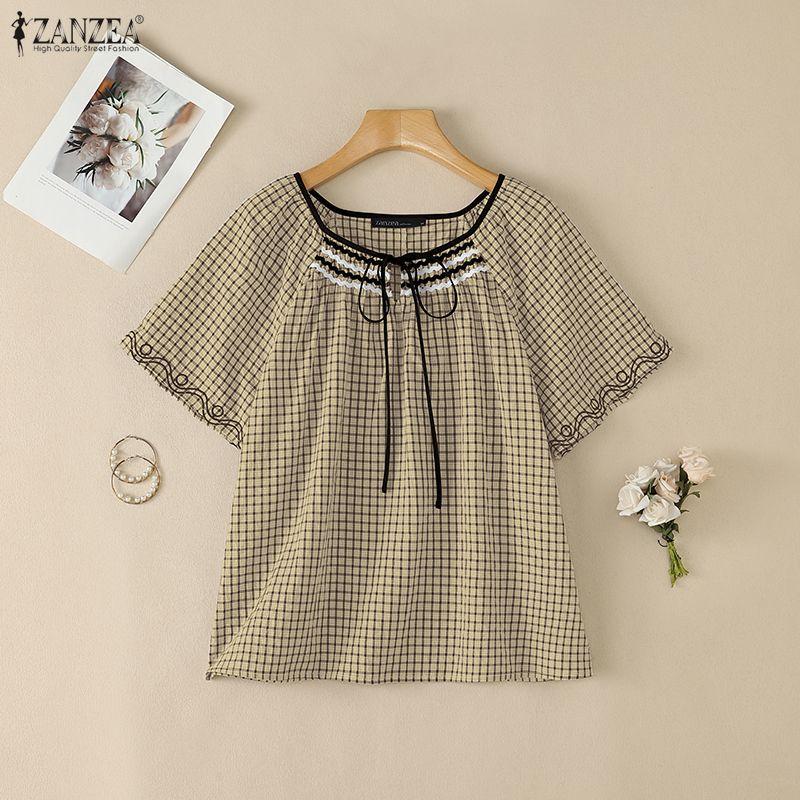 ZANZEA Women Plaid Print Summer Casual Round Neck Short Sleeve Blouse