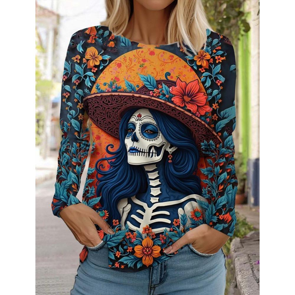 Spring Sugar Skull Pattern Womens Long Sleeve T-Shirt Day of the Dead Pullover Fashion 3D Printed Tops Gothic Style Women's Clothing
