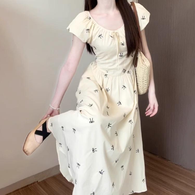 Gentle Wind Floral Bubble Sleeve Dress Women's Summer New Bow Niche Design Temperament Beautiful Long Dress