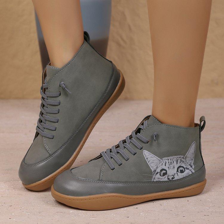 Botas Femininas Plus Size Estampa de Gato Cano Curto Salto Baixo Cadarço Moda Confortáveis Todas as Estações Primavera Outono