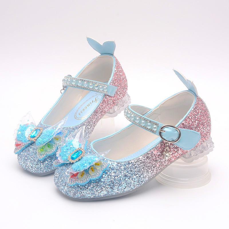 Nuove scarpe da principessa per bambine per la primavera e l'autunno, scarpe con cristalli per bambine, scarpe con tacco alto di Elsa di Frozen con sfumatura blu per bambini