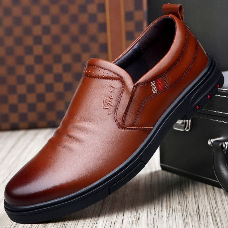Men's Leather Shoes Business Style First Layer Cowhide 2025 Comfortable Soft Sole One Pedal Men's Shoes Casual Dad Black
