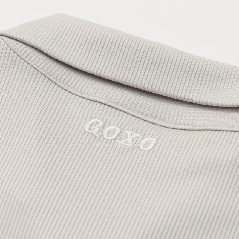GOXO Short Sleeve Zip Up Beige Ribbed Collar Jueflower