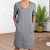 Women's Cotton Linen Shirt Dress Summer Short Sleeve V Neck Midi Dress Casual Shift Dress with Pockets
