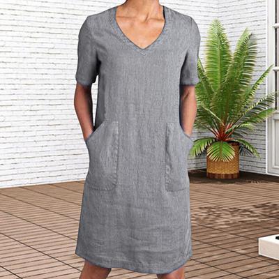 Women's Cotton Linen Shirt Dress Sleeve V Summer Short Neck Midi Dress