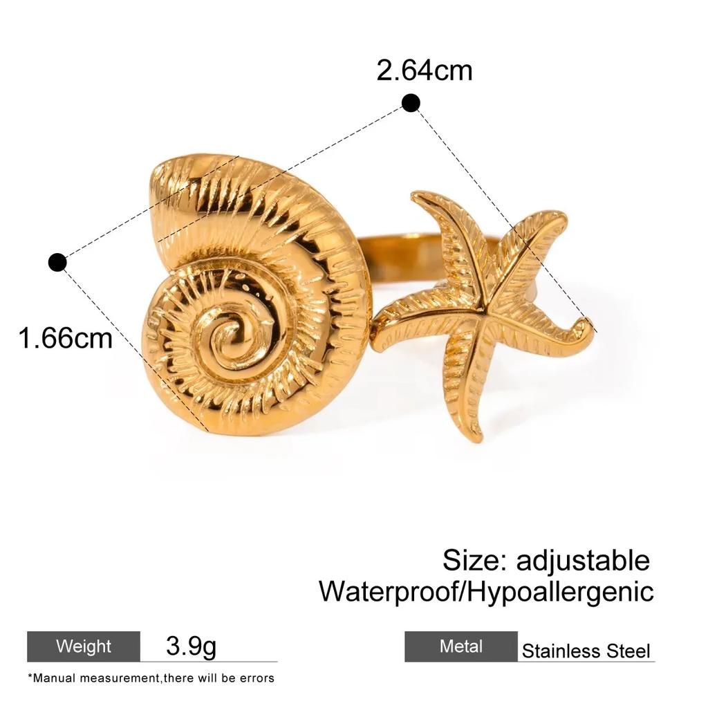 Gold Color Metal Texture Shell-shape Stud Earrings Women 18K Gold Plated Starfish Pendant Layered Chain Necklace Beach Jewelry
