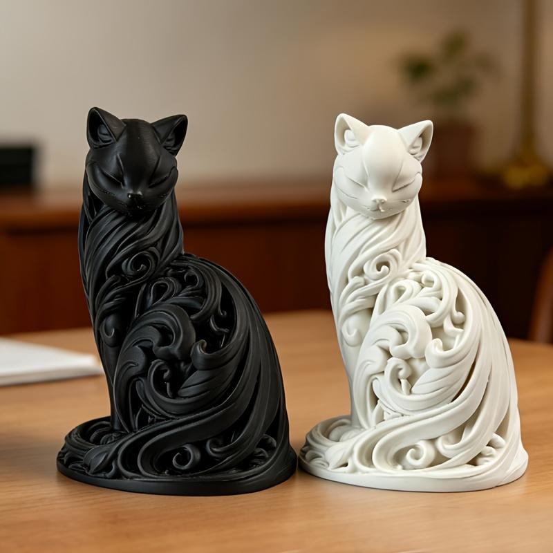 1-teiliges Ornament in Form einer schwarzen Katze, Leichter Luxus Spiral-Katzenstatue Dekoration, Realistisches Design, Hohl geschnitzt, Elegante Sitzhaltung,
