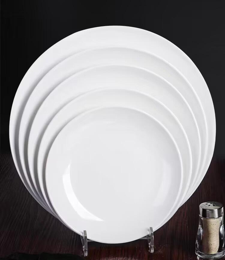 White Melamine Round Plate - Imitation Porcelain Tableware, Shallow Buffet Dinnerware Dish.
