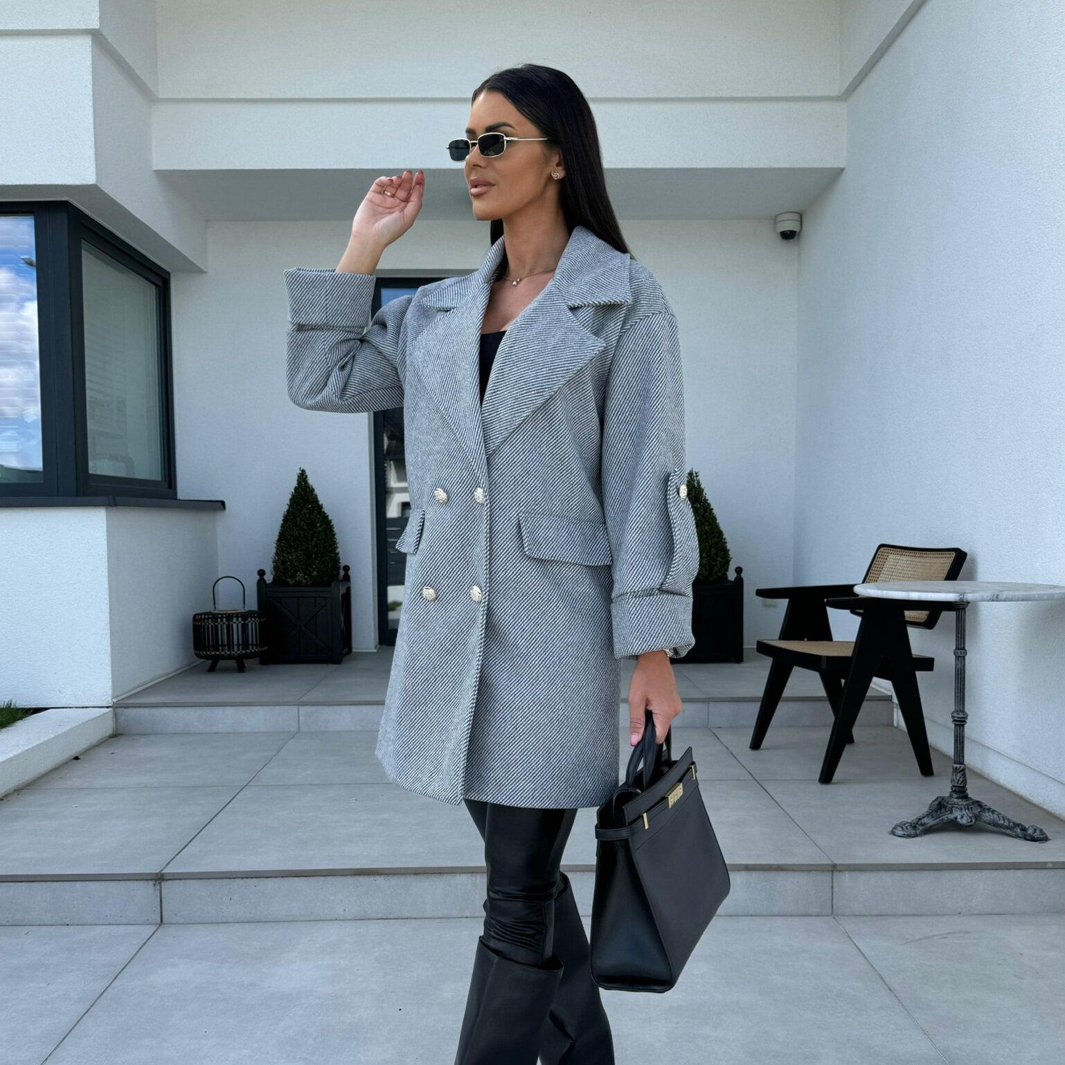 

Новый европейский и американский однотонный костюмный воротник H-образный шерстяное пальто женская куртка M серый