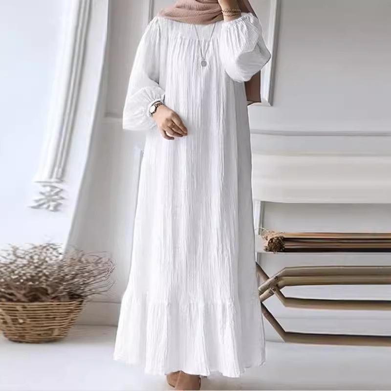 2024 Spring/Autumn Puff Sleeve Retro Ruffle Hem Dress for Muslim Women