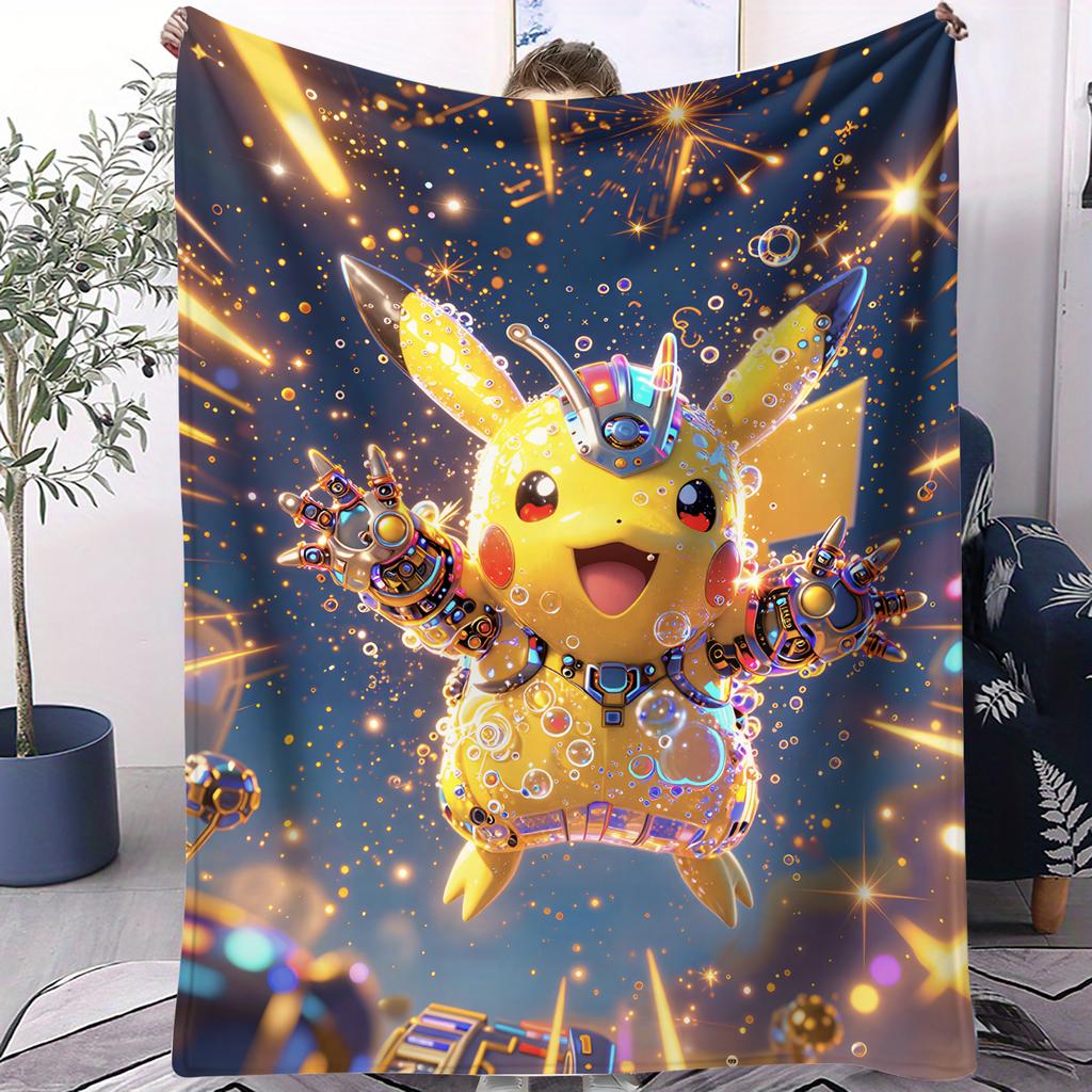 Pokemon Burst Glow PikachuAsh Print Flannel Throw Blanket for Adult Quality Cozy Soft Warm Blanket for Travel Office Home