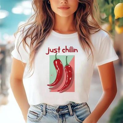 Chili Print Pattern Women's Regular O-Neck Versatile Short Sleeve Harajuku Cute T-Shirt Cartoon Summer Holiday Travel T-Shirt