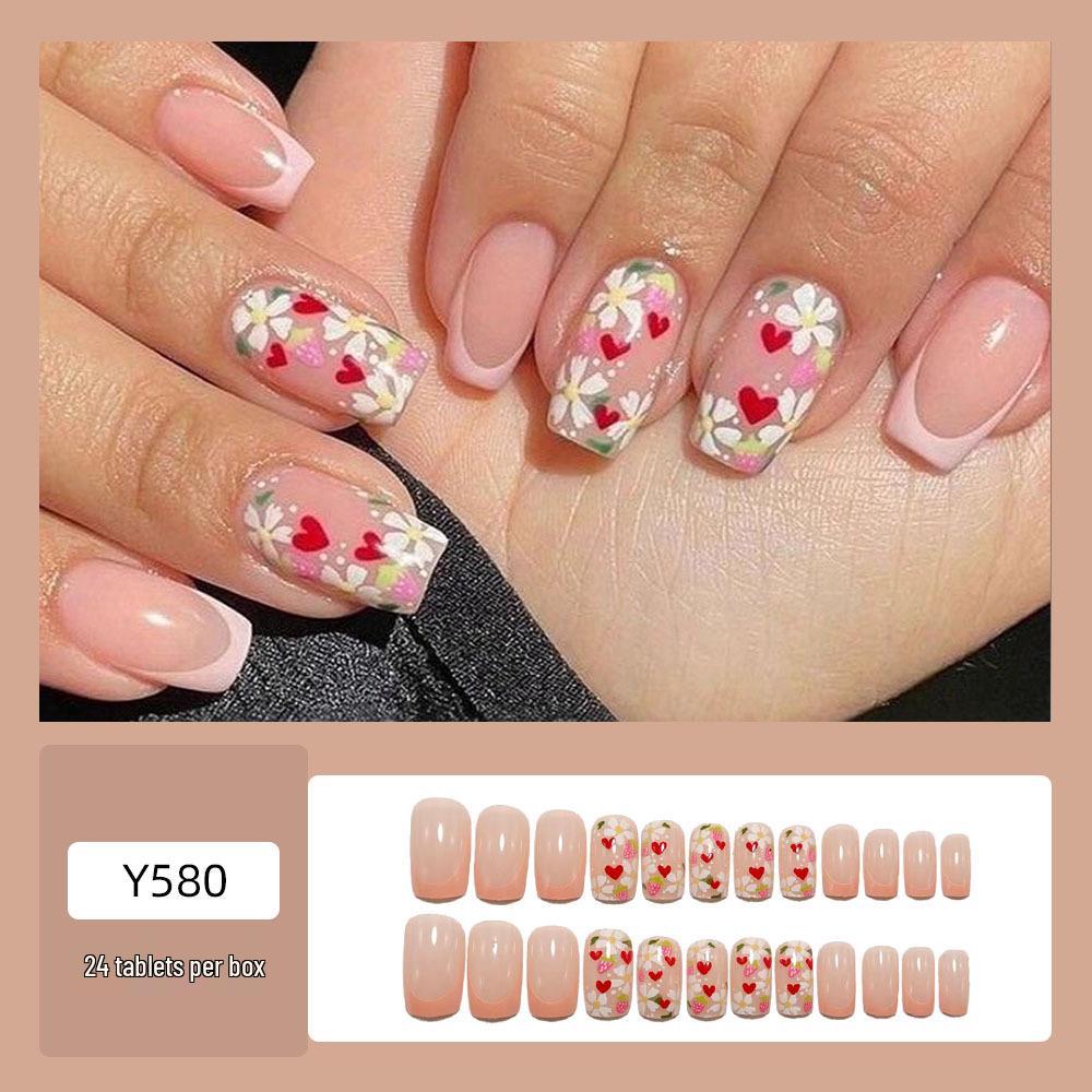 

Valentine s Fresh Flower Heart Nail Art: Pink French Square Fake Nails