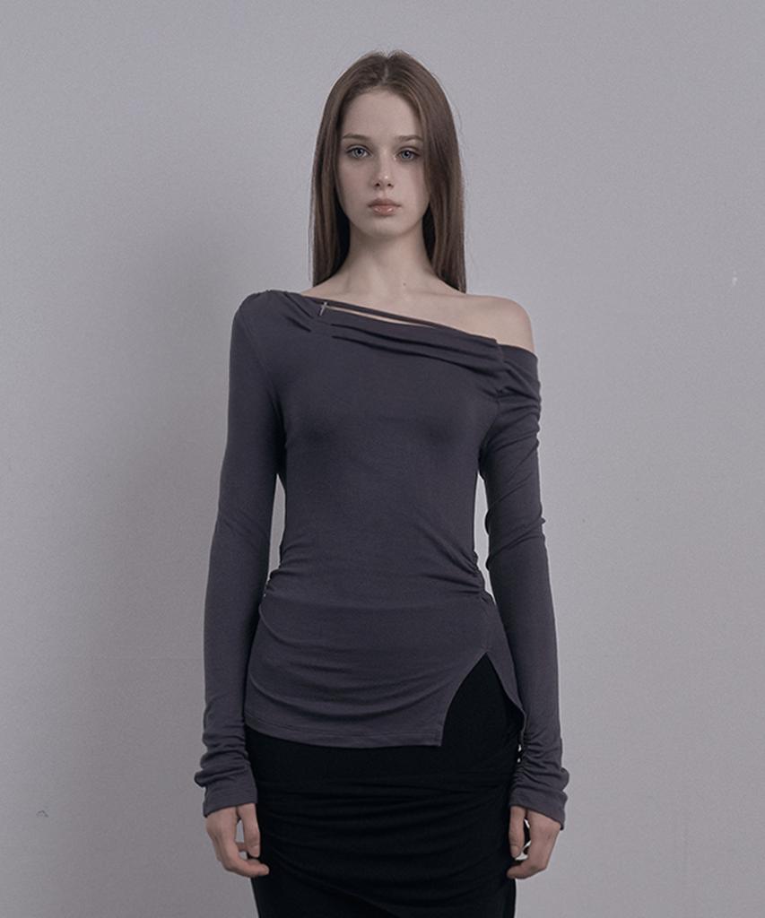 DAMIO Draped Strap Long Sleeve Top (Charcoal)